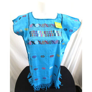 NWT Turquoise Blue Embroidered Mexican Blouse Women Sz L